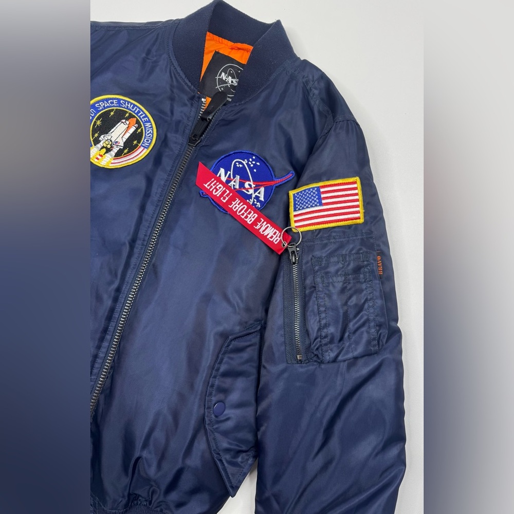 Revolve NASA 100th Space Shuttle Mission 3 Patch Satin Flight Jacket Size Small - Picture 8 of 15